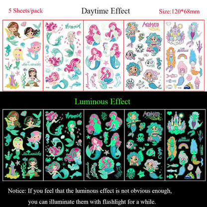 5 Sheets Luminous Tattoo Stickers Temporary Colorful Animal Dinosaur Tattoo Cute Tattoo Stickers Children's Body Tatto
