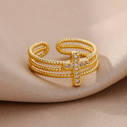 New in Zircon Cross Rings For Women Adjustable Stainless Steel Cross Ring Femme Design Luxury Wedding Jewerly Gift 2023 anillos