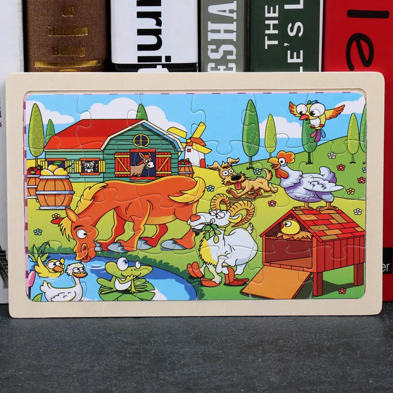 24 Pieces Wooden Puzzles Kids Cartoon Animal Wood Jigsaw Early Educational Learning Toys for Children GIFT