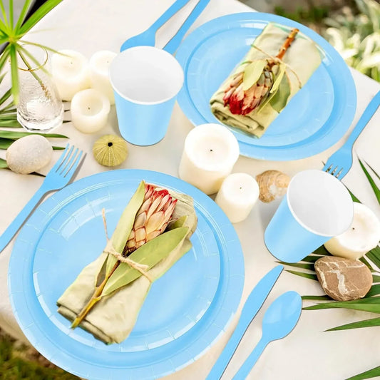 Solid Light Blue Theme Birthday Super Girls Decorations Party Disposable Tableware Paper Napkins Cups Plates Tablecloths Straws