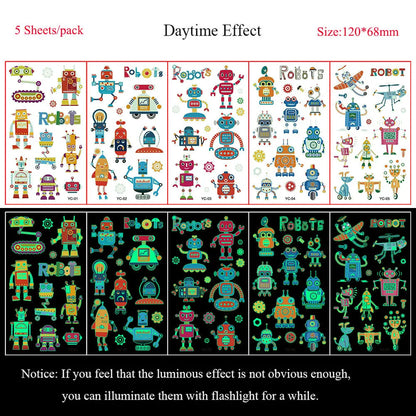 5 Sheets Luminous Tattoo Stickers Temporary Colorful Animal Dinosaur Tattoo Cute Tattoo Stickers Children's Body Tatto
