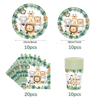 Jungle Birthday Disposable Tableware Wild One Paper Plates Cups Napkins Tablecloth Safari Jungle Animals Theme Party Decorations