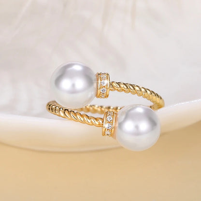 Temperament Double Imitation Pearl Open Ring Twist Gold Color Band New Fashion Women's Accessories Wedding Jewelry 2023