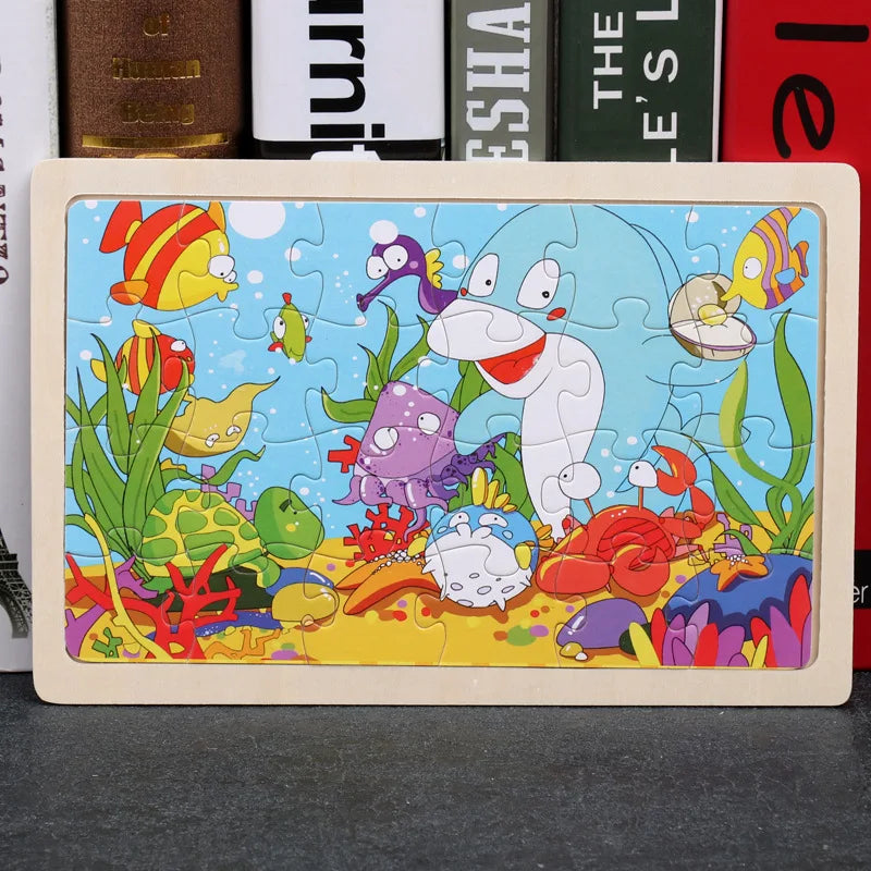 24 Pieces Wooden Puzzles Kids Cartoon Animal Wood Jigsaw Early Educational Learning Toys for Children GIFT