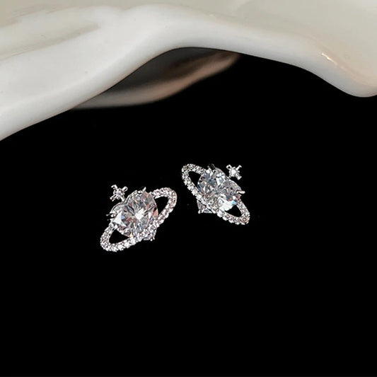 Exquisite Planet Shape Stud Earrings for Women Sparkling Crystal Cubic Zirconia Love Earrings Girl Gift Statement Jewelry