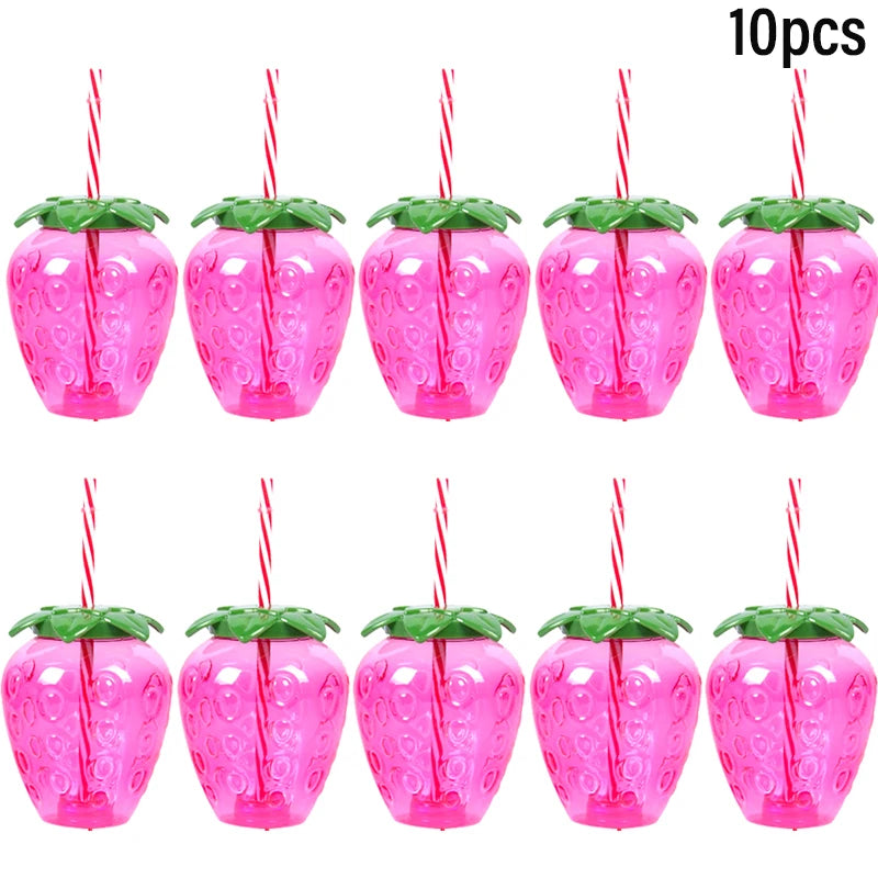 6/10pcs Hawaiian Summer Pineapple Coconut Drinking Cups Strawberry Shaped Juice Drink Cups for Birthday Wedding Beach Pool Party
