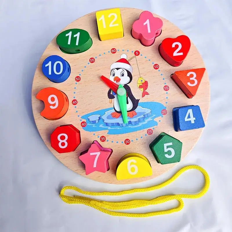Wooden Number Blocks Puzzle Shape Color Sorting Clock Montessori Toys for Kids Early Education Penguin Patterns Time Learning