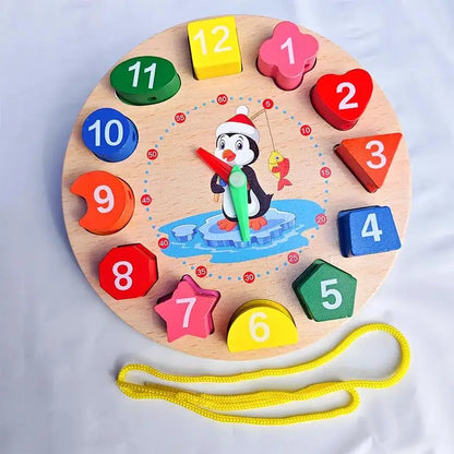 Wooden Number Blocks Puzzle Shape Color Sorting Clock Montessori Toys for Kids Early Education Penguin Patterns Time Learning
