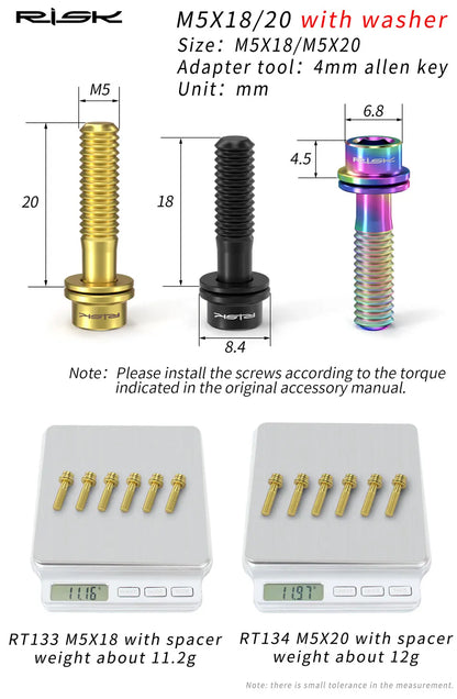 6pcs/bag RISK Bike Stem Bolts Bicycle Handlebar Fixing Screws Titanium Alloy M5x16 M5x18 M5X20 Wish Washers Hex Socket Head