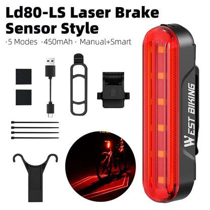WEST BIKING Bike Taillight Laser Brake Sensing Rear Light IPX5 Waterproof USB Charging Bike Light MTB Road Bicycle Accessories