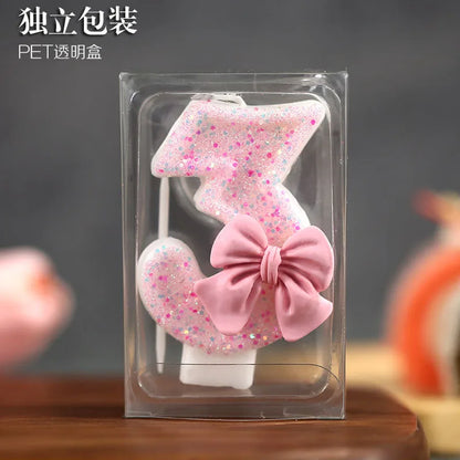 Number 0-9 Candle Cake Toppers with Pink Glitter Bow 1st Happy Birthday Cake Decorations for Girls 16th Birthday Party Supplies