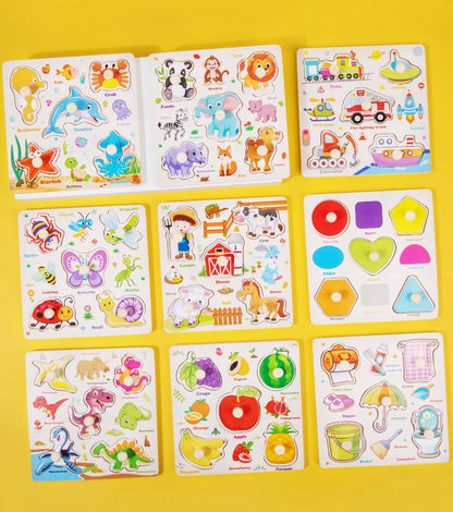 Montessori Wooden Puzzles Cartoon Animal Fruit Hand Grab Board Cognition Jigsaw Puzzle Game Learning Educational Toys For Kids