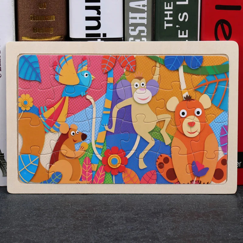 24 Pieces Wooden Puzzles Kids Cartoon Animal Wood Jigsaw Early Educational Learning Toys for Children GIFT