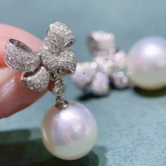 Sweet Bow Shape Imitation Pearl Hanging Earrings for Women Romantic Bridal Wedding Earrings Luxury Cubic Zirconia Jewelry