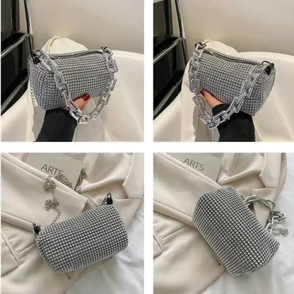 Allover Rhinestone Bucket Bag, Glitter Chain Prom Purse, Women's Mini Crossbody Bag (18cm*13cm*13cm)