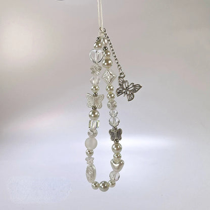 Cute Silver Butterfly Bead Keychain on the Phone Charm Cute Lanyard Cell Phone Strap Pendant For Woman Mobile Accessories