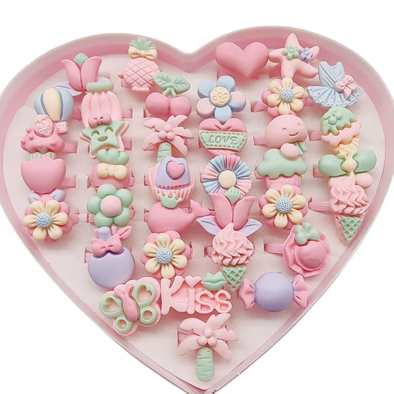 30pcs/Lot Wholesale Child Open Design Resin Candy Flower Finger Rings Plastic Pink Kid Ring Children Party Gifts Birthday Girls