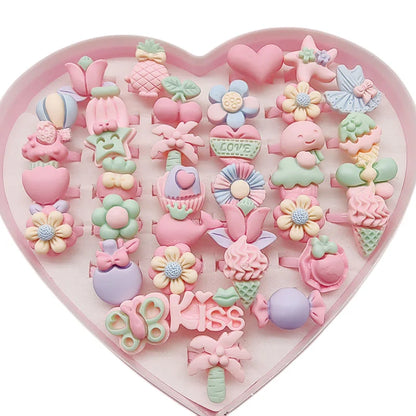 30pcs/Lot Wholesale Child Open Design Resin Candy Flower Finger Rings Plastic Pink Kid Ring Children Party Gifts Birthday Girls