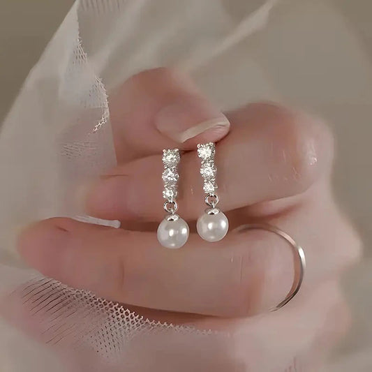 Dainty Simulated Pearl Pendant Earrings for Women Chic Bright Zirconia Jewelry for Engagement Bridal Wedding Accessories