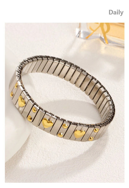 Titanium Steel Elastic Bracelet for Women.Heart Shape.1Pcs.Gold Plated Punk Jewelry.Hip Hop. New Design