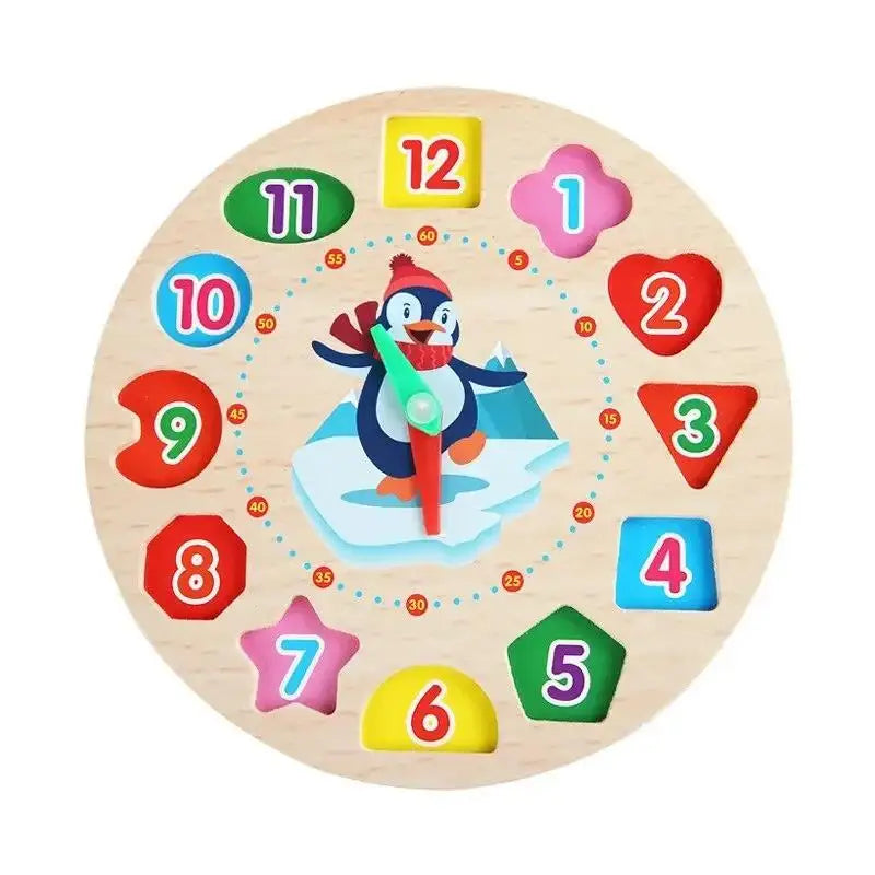 Wooden Number Blocks Puzzle Shape Color Sorting Clock Montessori Toys for Kids Early Education Penguin Patterns Time Learning