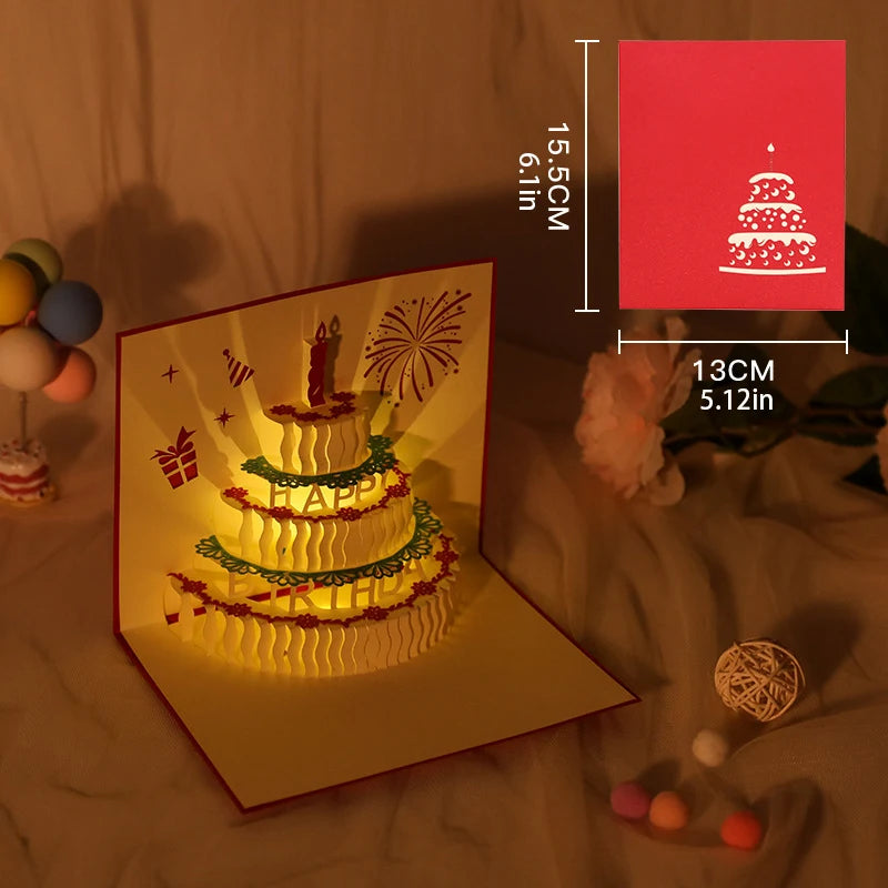 3D Light Music Birthday Card Pop Up Cake Creative Greeting Card Happy Birthday Party Gift Message Cards
