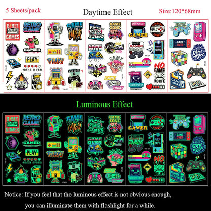 5 Sheets Luminous Tattoo Stickers Temporary Colorful Animal Dinosaur Tattoo Cute Tattoo Stickers Children's Body Tatto