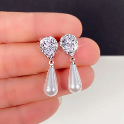 Luxury CZ Imitation Pearl Earrings for Women Silver Color Temperament Elegant Lady Earrings Wedding Party Fashion Jewelry
