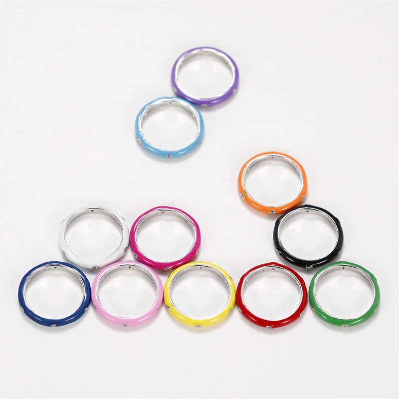 Rainbow Color Enamel Finger Rings for Women with Dazzling CZ Stone Exquisite Fashion Female Accessories Party Jewelry Hot