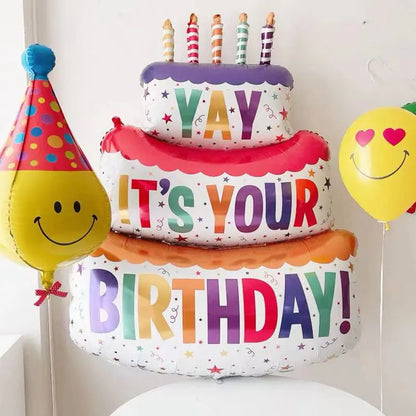 Large Birthday Three Layer Cake Candle Stripe Polka Dot Foil Balloons Birthday Party photo Props Scene Decoration