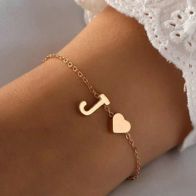 26 English Initial Letter Bracelets for Lovers Women Men DIY Personalized Name Alloy Heart-shaped Bracelets Jewelry Anniversary