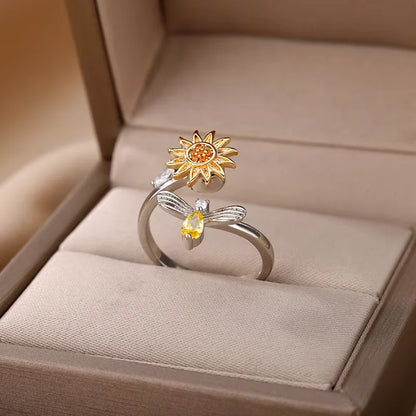Anti Stress Anxiety Fidget Rings for Women Stainless Steel Sunflower Sun Star Spinner Ring Christmas Jewelry Gifts