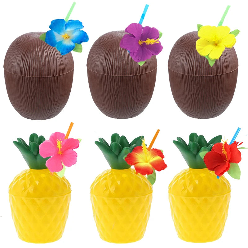 6/10pcs Hawaiian Summer Pineapple Coconut Drinking Cups Strawberry Shaped Juice Drink Cups for Birthday Wedding Beach Pool Party