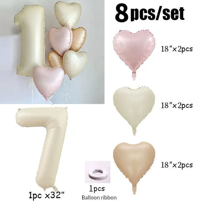 8pcs Cream Color Number Heart Foil Balloons Happy Birthday Party Decorations Kids Girl Boy 1 2 3 4 5 6 7 8 9 Year Old Supplies