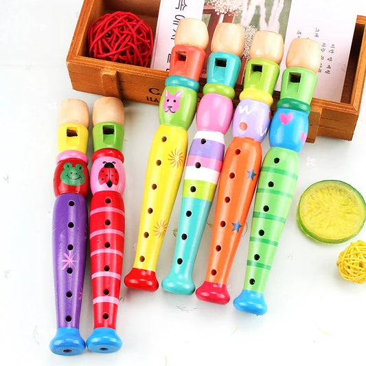 1Pc Wooden Cartoon Flute Children Clarinet 6-Hole Piccolo Musical Instrument Toys Early Learning Educational Wooden Toys
