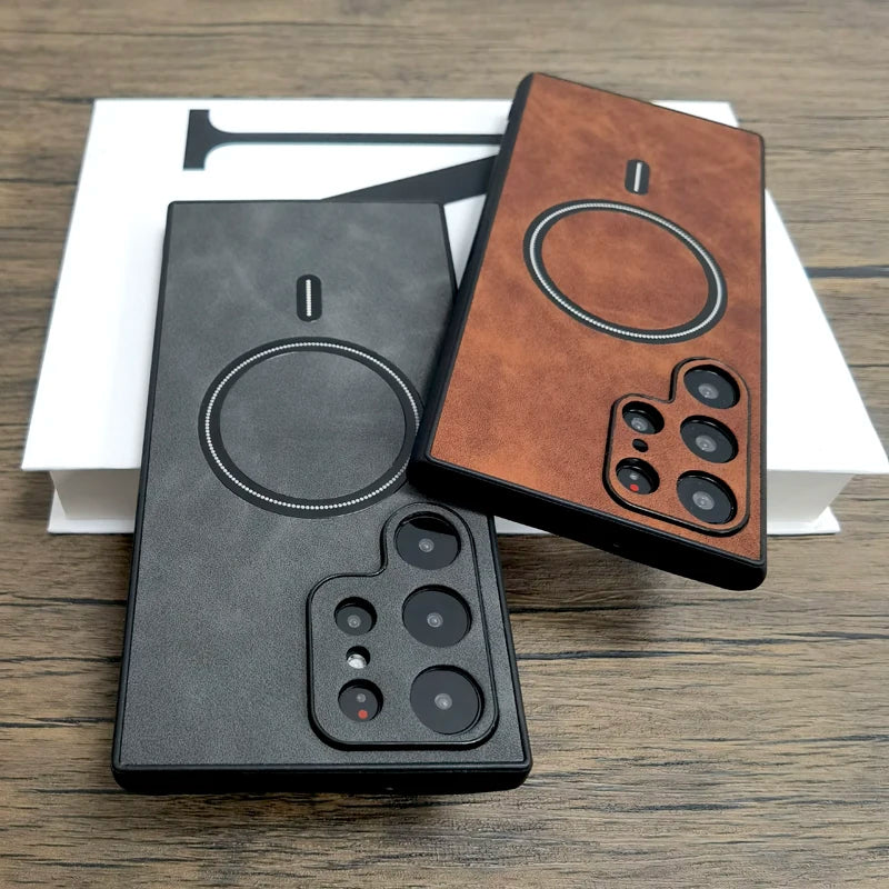 Luxury Matte Leather Case For Samsung Galaxy S25 S24 S23 S22 S21 Ultra Plus FE Note 20 S 23 22 For Magsafe Wireless Full Cover