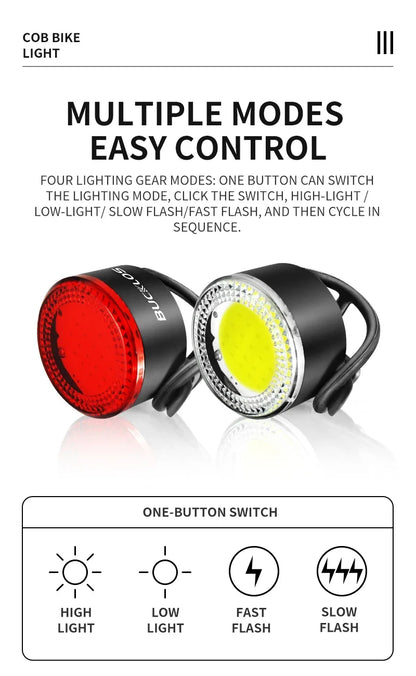 BUCKLOS COB Bike Taillights Headlight USB Rechargeable Bicycle Safety Warning Light MTB LED Front Rear Lantern Cycling Lamp Set