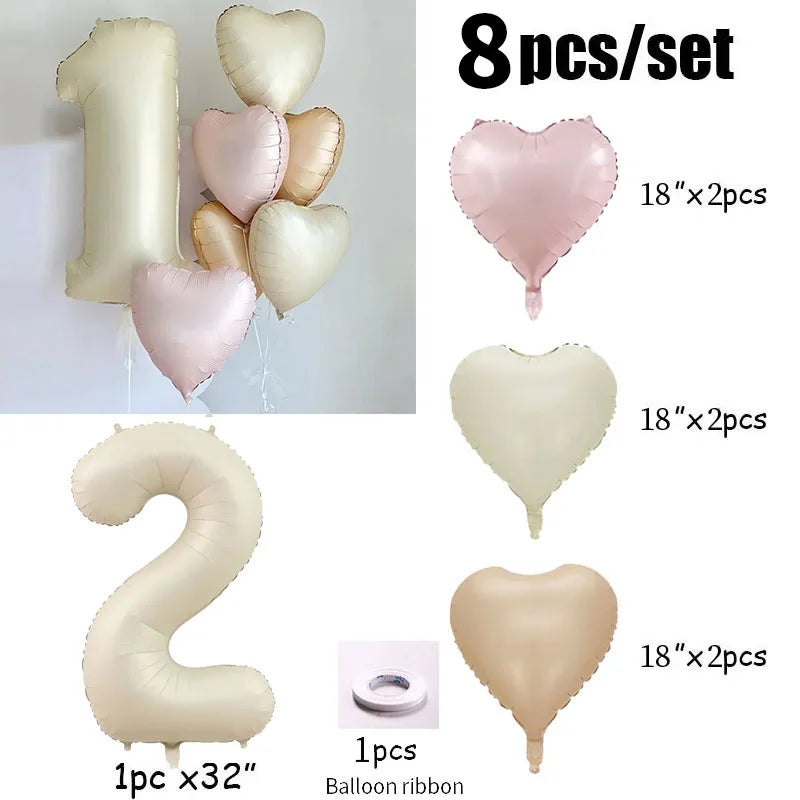 8pcs Cream Color Number Heart Foil Balloons Happy Birthday Party Decorations Kids Girl Boy 1 2 3 4 5 6 7 8 9 Year Old Supplies