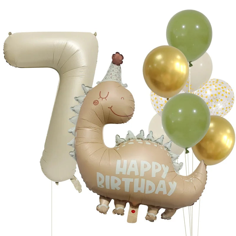 Retro Matte Caramel Colored Dinosaur Aluminum Film Number Balloon Set Happy Birthday Party Decoration Kids Background Photo Prop