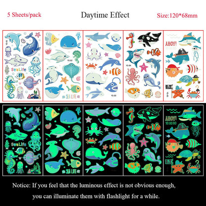 5 Sheets Luminous Tattoo Stickers Temporary Colorful Animal Dinosaur Tattoo Cute Tattoo Stickers Children's Body Tatto