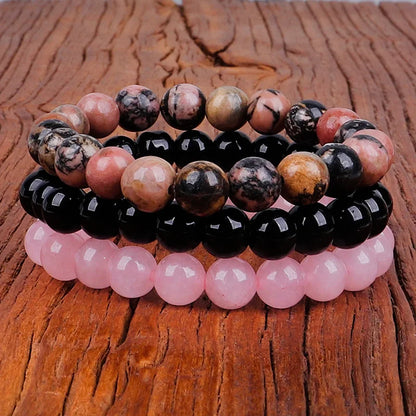 3Pcs Natural Stone Bracelet 8mm Rhodonite Rose Pink Quartzs Amethysts Hematite Bracelets For Women Men Jewelry