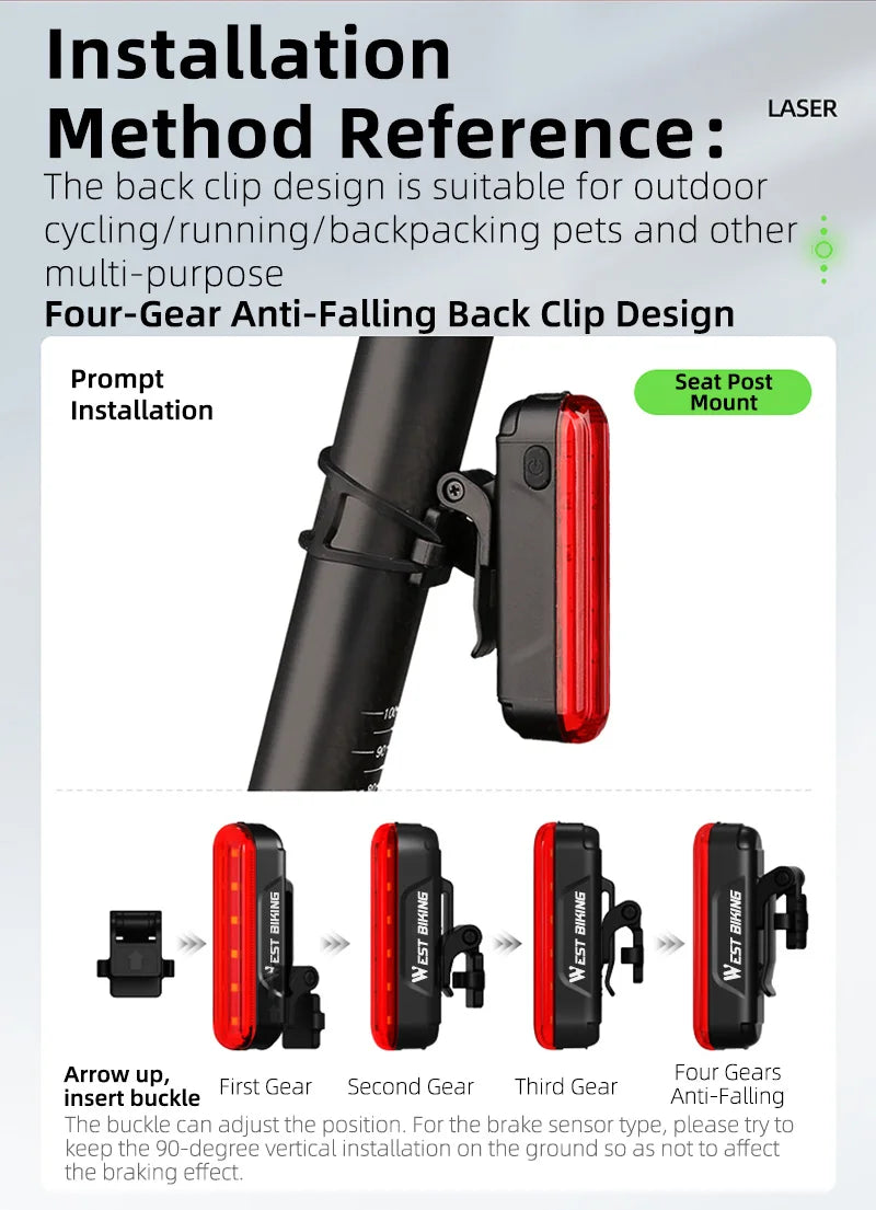 WEST BIKING Bike Taillight Laser Brake Sensing Rear Light IPX5 Waterproof USB Charging Bike Light MTB Road Bicycle Accessories