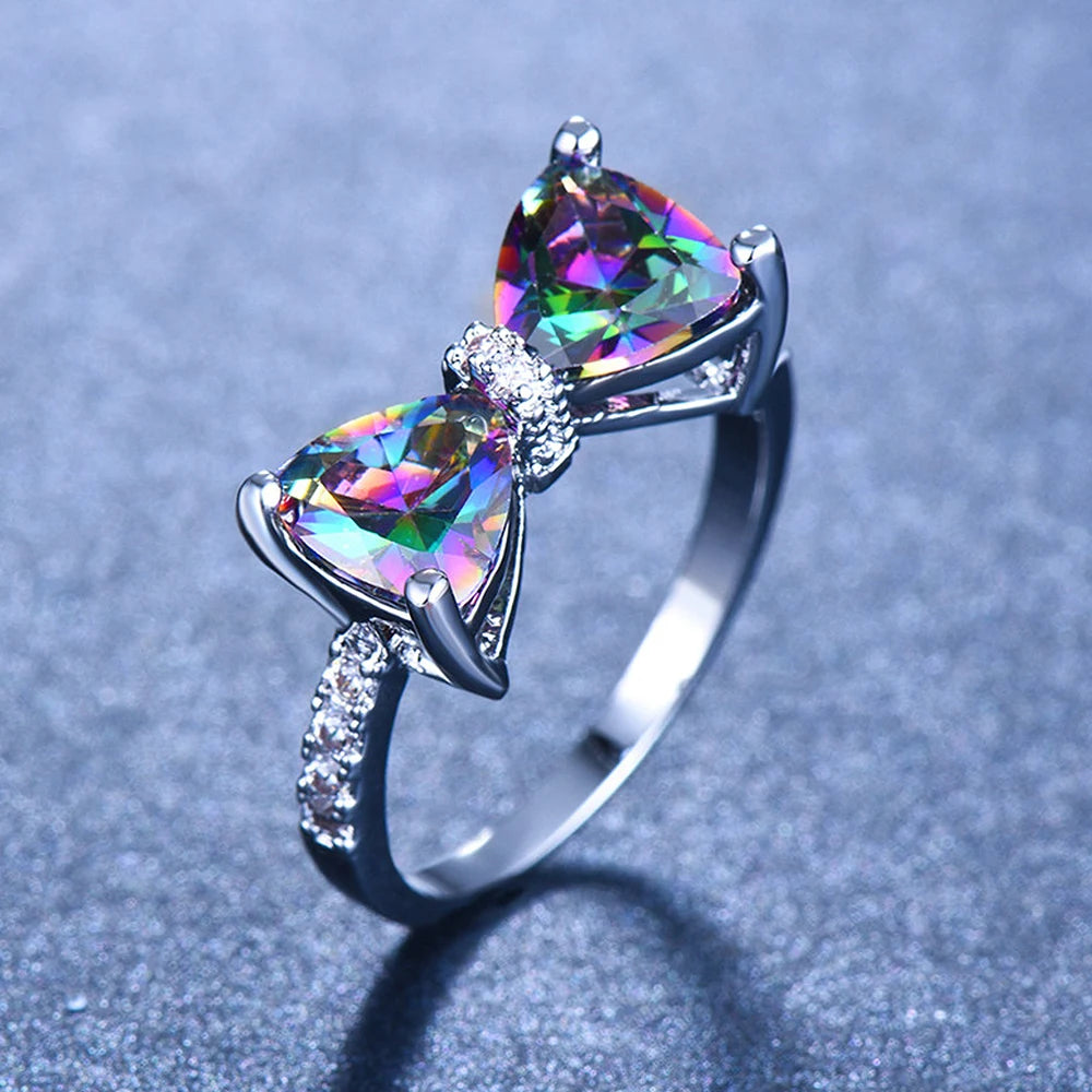 Personality Multi-colored CZ Bow Rings for Women Fancy Bride Wedding Ceremony Party Finger-ring Nice Gift Fashion Jewelry