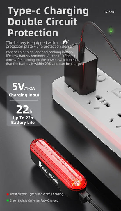 WEST BIKING Bike Taillight Laser Brake Sensing Rear Light IPX5 Waterproof USB Charging Bike Light MTB Road Bicycle Accessories