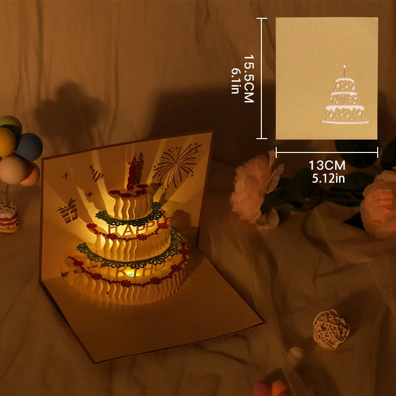 3D Light Music Birthday Card Pop Up Cake Creative Greeting Card Happy Birthday Party Gift Message Cards