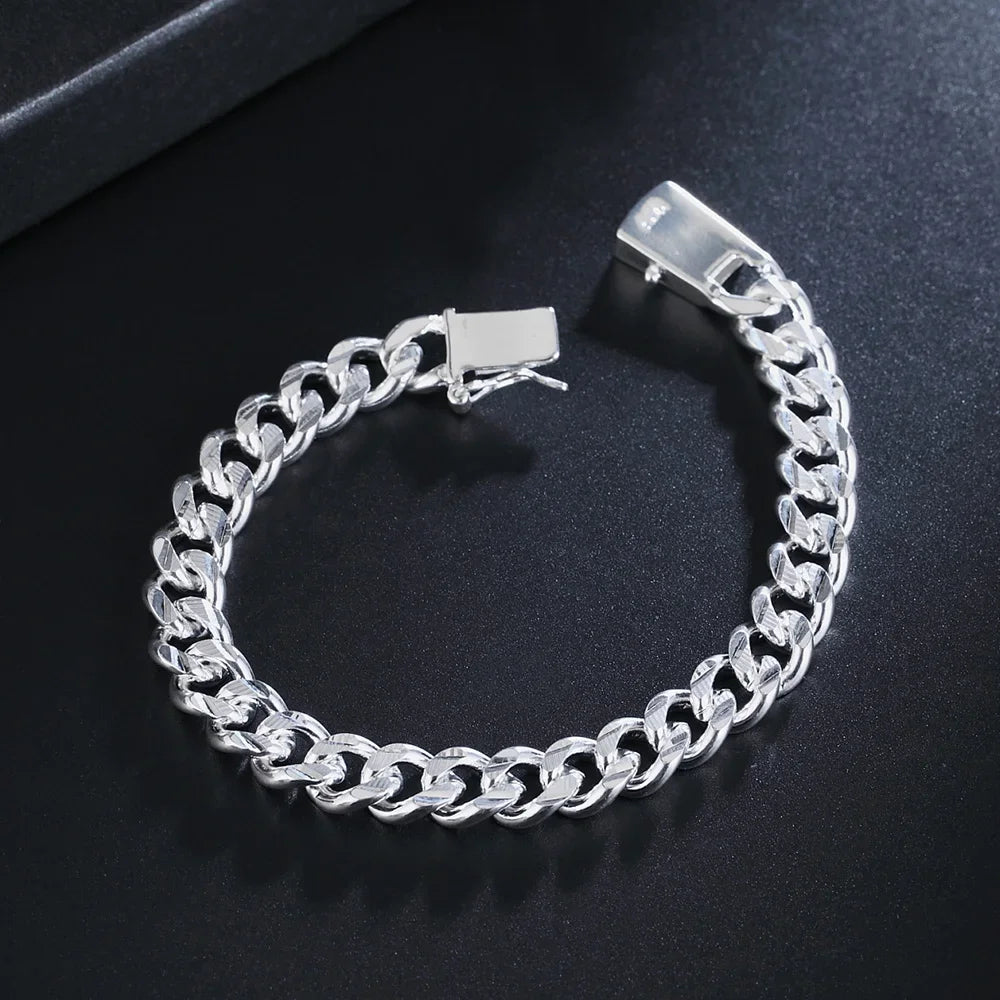 New Noble Women's Mens Fashion Silver Color Bracelet Fashion Jewelry Gift Men's 10MM Chain Square Beautiful