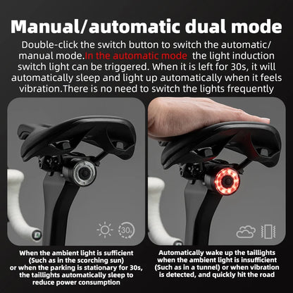 ROCKBROS Bicycle Tail Light Smart Brake Sensing Rear Bike Light Aluminum Waterproof Type-C MTB Road Warning Cycling Taillight