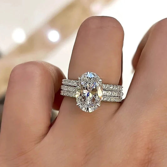Oval Cubic Zirconia 3Pcs Set Rings for Women Silver Color Dazzling Bridal Wedding Rings Anniversary Party Trendy Jewelry