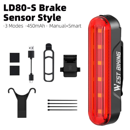 WEST BIKING Bike Taillight Laser Brake Sensing Rear Light IPX5 Waterproof USB Charging Bike Light MTB Road Bicycle Accessories