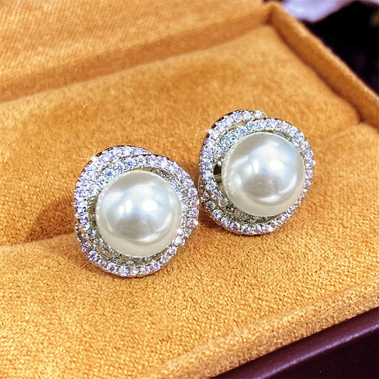 Sparkling Cubic Zirconia Imitation Pearl Stud Earrings for Women Silver Color Temperament Girls Ear Accessory Hot Jewelry